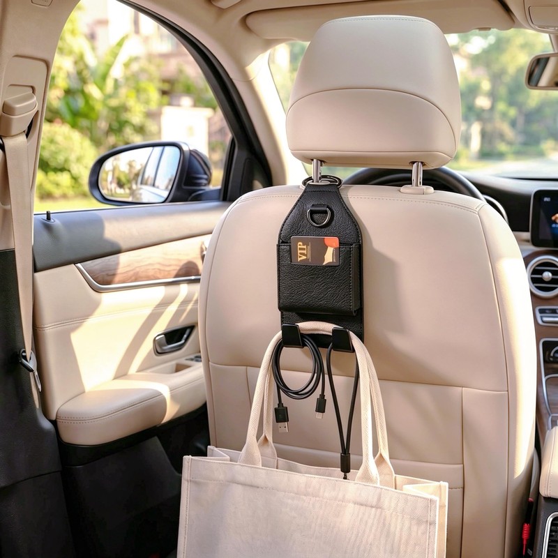 Car Seat Headrest Hooks with Phone Holder,Storage Pouch with Hook
