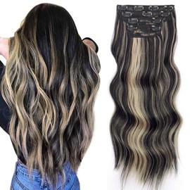 [NEW IN] Vigorous Clip in Hair Extensions Long Wavy Synthetic Hairpieces for Women and Girls, Easy to Install for Daily Use and Event Party Use:_2/18 Black mix Blonde （20inch）