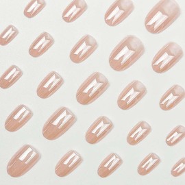 Pearl Chrome Press on Nails Short Almond Fake Nails Nude False Nails Press ons with Design,Reusable Artificial Nails Glossy Full Cover Glue on Nails Stick on Nails for Women Manicure 24 Pcs