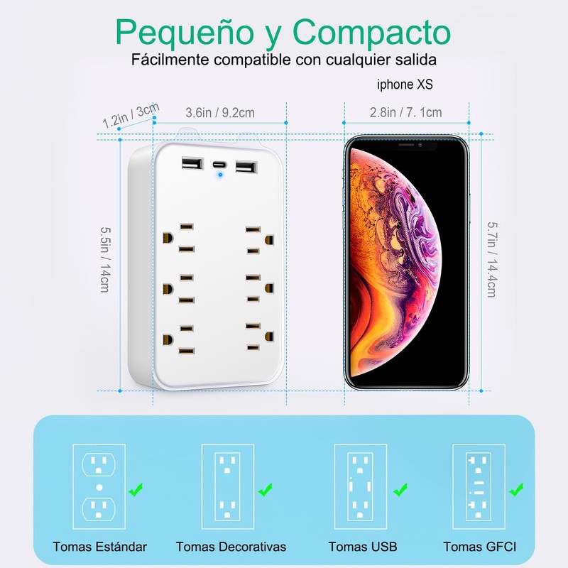 Multicontacto de Pared, Protector de Sobretensión de Pared con Extensor