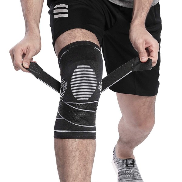 BERTER Knee Brace for Men Women - Compression Sleeve Non-Slip for Running, Hiking, Soccer, Basketball for Meniscus Tear Arthritis ACL Single Wrap (Update Compression Straps Version, Medium)