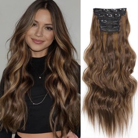 Clip in Hair Extensions 24 Inch 4pcs Set Curly Wave Long Hair Extension YDDM Clip ins,Wavy Hair Extensions for Women Synthetic Clip on Extension 8H27#