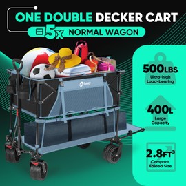 400L Large Capacity Folding Double Decker Wagon with Brakes, 50" Extra Long Extender Cart, 500lbs Heavy Duty Collapsible Wagons, All-Terrain Big Wheels for Camping, Sports, Shopping. Blue