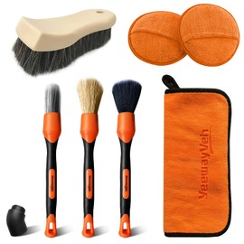 YeewayVeh 7PCS Car Interior Detailing Kit, Horse Hair Car Leather Brush, Applicator Pads and Microfiber Cloth for Car Interior & Seats Leather, Interior Car Cleaning Kit, Orange