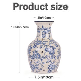 Blue and White Vase,10.6 Inch Ceramic Chinoiserie Floral Vase,Vintage Pottery Vase,Farmhouse Flower Vase for Rustic Home Decor,Living Room, Kitchen, Bookshelf, Office, Shelf, Mantel, Centerpieces