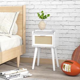 LAATOOREE Nightstand Set of 2, Small White Bedside Table, End Table with Rattan Door, Boho Side Table with Solid Wood Legs for Bedroom Living Room Small Space