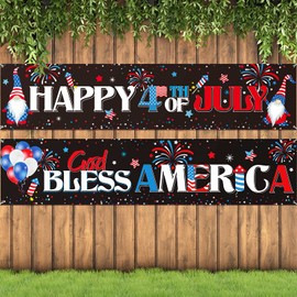 2 Pieces Happy 4th of July Decorations Outdoor Patriotic Banner God Bless America Banner Fourth of July Banners Backdrop Sign for Outside Memorial Day Independence Day Party Decor Supplies