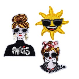 Cute Trendy Girly Summer Patch, 3Pcs Cool Sunglasses Smile Sun Paris Modern Girl Iron On Patch for Clothes Jacket Jeans Dress Backpacks Bags