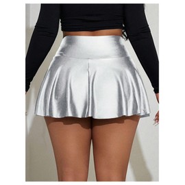 OYOANGLE Women's Pu Leather Elastic High Waist Skorts Ruffle Hem Casual Flared Skirt Shorts Silver Small