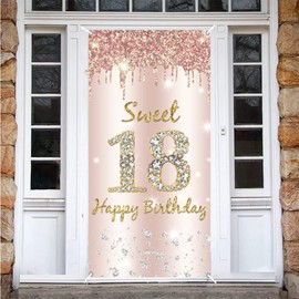 Sweet 18 Birthday Decoration for Girls, Happy 18th Birthday Backdrop Banner Rose Gold Fabric Sign Poster, Girl 18th Birthday Door Banner Party Welcome Sign