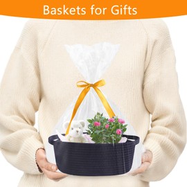 Gift Basket Empty, Woven Cotton Rope Basket with Gift Bags and Ribbons, Hamper Baskets for Gifts With Handles, Cat Dog Toy Storage Basket for Baby Shower, Birthday,Wedding,Christmas (Navy Blue)