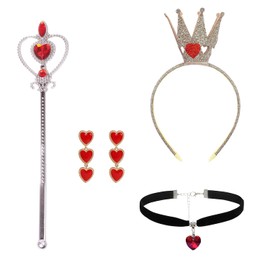 HIXNUG 4pcs Heart Queen Costume Accessories Gold Crown Headband Rhinestone Scepter Wand Red Heart Dangle Earrings Choker for World Book Day Cosplay Accessories