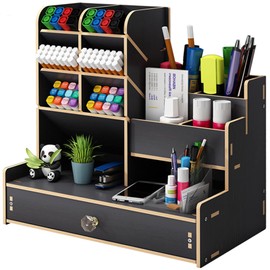 Marbrasse Wooden Desk Organiser,Pen Holer for Desk, Stationary Organiser,Desktop Storage Organizer Caddy(Black Wood)