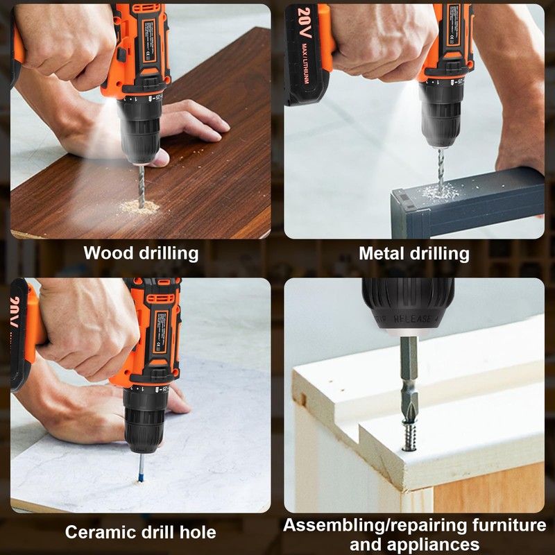 20v Drill Driver Set,Cordless Drill with Battery and Charger,LED Drill
