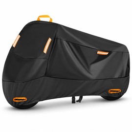 420D Heavy Duty Waterproof Motorcycle Cover, Black All Weather Outdoor Bike Protector with Reflective Strips and Lock Holes