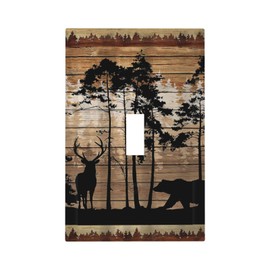 Rustic Mountain Forest Cabin Antler Bear Deer Elk Silhouettes Hunting Country Animal 1 Gang Electrical Single Toggle Device Switch Wall Plate Jumbo Size Decorative Outlet Light Switch Face Plate Cover