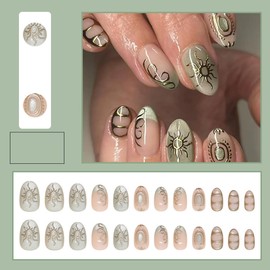 KTAABTR Nails Green Press on Nails Medium Almond Shape 3D Gold Sun Line Fake Nails with Glue Glitter Glossy Acrylic Nails Design Full Cover Reusable False Nails Stick on Nails for Women DIY Manicure