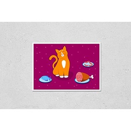 Food for cats, pets. A cute red cartoon cat, kitty with a funny muzzle, face is sitting straight with its eyes closed, next to different foods. Dishes with ham, sausages and fish. For animal store