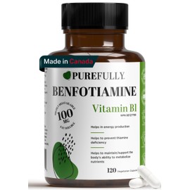 PUREFULLY PUREFULLY Benfotiamine Vitamin B1/Thiamine 100mg, 120 Capsules - High Absorption Energy Support - Gluten Free, Non-GMO, Made in Canada