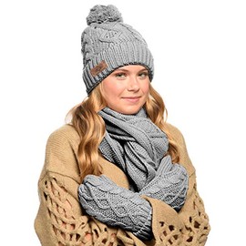 3 in 1 Women Soft Warm Thick Cable Knitted Hat Scarf & Gloves Winter Se (Charcoal Gray)