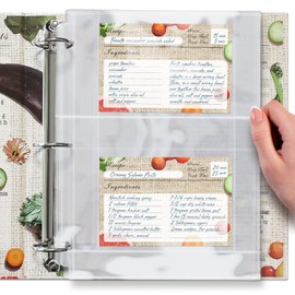 Full Size 4x6 for 8.5x11 Pack of 50 Recipe Card Protectors Top-Loading Crystal Clear Recipe Card Sleeves with 2 Pockets for 3 Ring Binder, Plastic Index Card Protector for Kitchen Cookbook