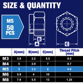 LEONTOOL 50pcs M5 x 0.8mm Hex Lock Nuts Anti-Lock Nuts Nylon Insert 304 Stainless Steel Zinc Plated Rust Resistant Car Machinery Furniture Replacement Parts with Storage Box Height 5mm Hex Width 8mm