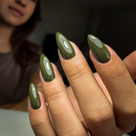 Olive Green Press on Nails Almond Shaped Nails Press ons, Medium Fake Nails Almond Acrylic Nails Glue on Nail Medium Length False Nail for Women Thick Natural Gel Stiletto 24Pcs