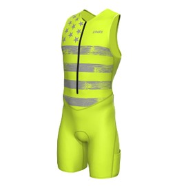 SPARX Mens Premium Triathlon Suit Padded Triathlon Tri Suit Race Suit Swim Bike Run (Neon Flag, S), Neon Flag, Small