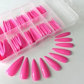 Lifextol 100PC Medium Long Stiletto Press on Nails Glossy Fake Nail Full Cover Acrylic Long Stiletto Nail Tips False Nails for Beginner Women and Girls Manicure(Rose Red）