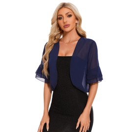 Atxnn Women's Bolero Shrug Summer Chiffon Cropped Cardigan Tops UK Ruffled Half Sleeve Jacket Ladies Open Front Sheer Shrugs Shawl, Navyblue M