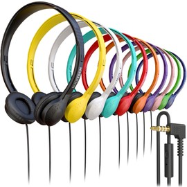Bulktech Wired On-Ear Leather Headphones with Microphone and 3.5mm Connector, Bulk Wholesale, 20 Pack, Assorted Colors