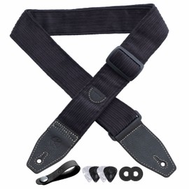 YIKOKO Guitar Strap 2 inch Corduroy Guitar Straps with Full Grain Leather End, for Bass Electric and Acoustic Guitars, Free Strap Button, 2 Strap Locks and 4 Guitar Picks