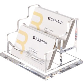 SANRUI Clear Business Card Holder for Desk , Office Acrylic Business Card Display Stand Desktop Organizer Storage Cards Holders，2 Tier 2 Pocket , 100 Card Capacity
