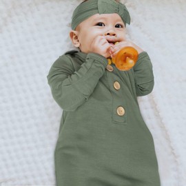 Newborn Baby Knotted Gown Extra Long, Super Soft Silky Infant Long Sleeve Sleeper with Tie Bottom, Baby Girl and Boy Sleep Gown with Mittens, Bow, and Hat Set Army Green