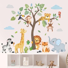 DECOWALL SG2-2418 Safari Animals and Trees Wall Stickers Cute Jungle Decorations Elephant Giraffe Lion Baby Playroom Classroom Nursery Bedroom Living Room Kids Forest