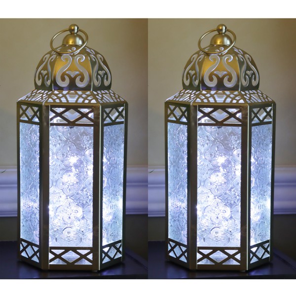 Vela Lanterns Metal Moroccan Decorative LED Fairy Lights Candle Lantern Holders for Home Decor, Patio, Weddings, White Gold, Clear Glass, Large, Set of 2