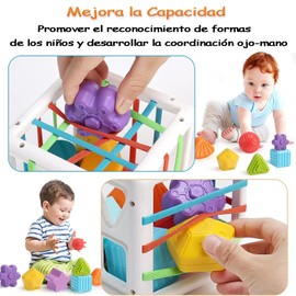 XENOPHON Juguetes de Clasificación de Forma para Niños, Cubo Clasificador de Formas,Juguete de Cubo Sensorial con Bloques y Bandas Elásticas, Juegos Didacticos de Niños para Crecimiento(Cuboides)