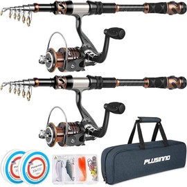 PLUSINNO Fishing Rod and Reel Combos - Carbon Fiber Telescopic Fishing Pole - Spinning Reel 12 +1 Shielded Bearings Stainless Steel BB - Size: 2.7M 8.86FT, Color: 2PACK Full Kit with Carrier Case