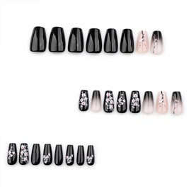 Hrnsnails Nails Press on, Square Press On Nails Medium Black Fake Nails with Flower Spring Summer Nails Ombre Design, Acrylic Artificial False Nails Press Ons Stick On Nails for Women