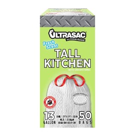 Ultrasac 13 Gallon 0.9 MIL Fresh Scent White Drawstring Tall Kitchen Trash Bags - 24" x 25" - Pack of 50 - For Home, Kitchen, Food Services, & Commercial