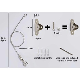 4 Sets Adjustable Hanging Wire Kit, Stainless Steel Multipurpose Suspension Wire Cable with Hook, Heavy Duty Anchor for Furniture, Light, Lamp, Picture, Mirror Secure to Wall or Ceiling, 80in