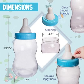 Evershine Plastic Baby Bottle Bank, 13" Blue Fillable Baby Shower Bank, Plastic Jumbo Baby Favor Bottle Centerpiece