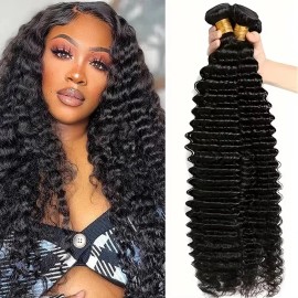 30 32 Inch Loose Deep Wave Human Hair Bundles Brazilian Remy Curly 1 Bundles 100%Raw Hair Extensions Double Weft Wholesalecolor: Black, Stretched Length: 26 Inches