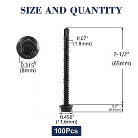 #12 x 2-1/2" Sheet Metal Screws 100PCS 410 Stainless Steel Hex Washer Head Tek Screws Fast Self Tapping Screws Black Oxide by SG TZH