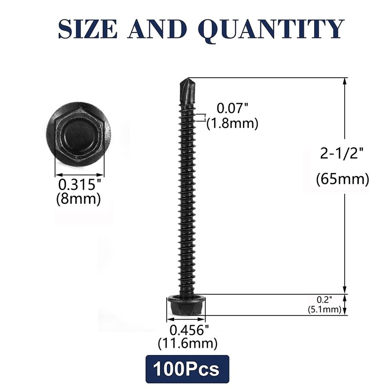 #12 x 2-1/2" Sheet Metal Screws 100PCS 410 Stainless Steel