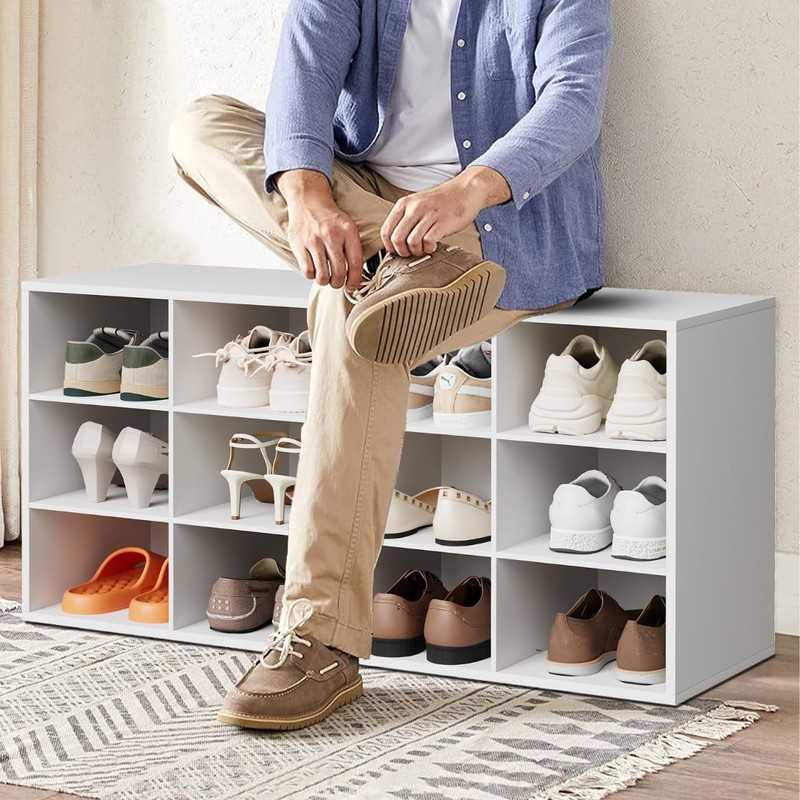 12-Cubby Shoe Rack, 3-Tier Wood Shoe Organizer, Multifunctional Shoe Organizer