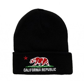 Milani California Republic Cuffed Beanie with Embroidered Cali Bear (Red Bear White Trim)