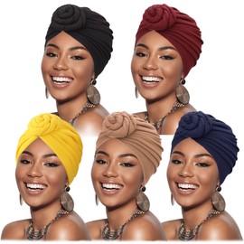 DRESHOW 5 Pieces African Turban for Women Soft Pre-Tied Knot Fashion Pleated Turban Hat Head Wrap Sleep Cap, 5 pack 9-w29