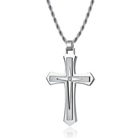 REchoLI Cross Necklace for Man,Stainless Steel with Crystal Accent cross Silver/black Pendant,Christian jewelry Chain Length 60 CM / 23.6 Inches