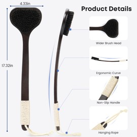 eaxun Bamboo Back Scrubber with Curved Long Handle, 17.3 Inches Exfoliating Shower Brush with Extra Stiff Bristles for Men and Women, Back Washer Body Exfoliator for Bath or Dry Brushing